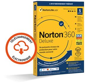 Norton™ 360 Deluxe 2023 |5 Appareils | 1 An d'Abonnement | Secure VPN - Password Manager - Dark web monitoring| PC/Mac/iOS/Android - Téléchargement